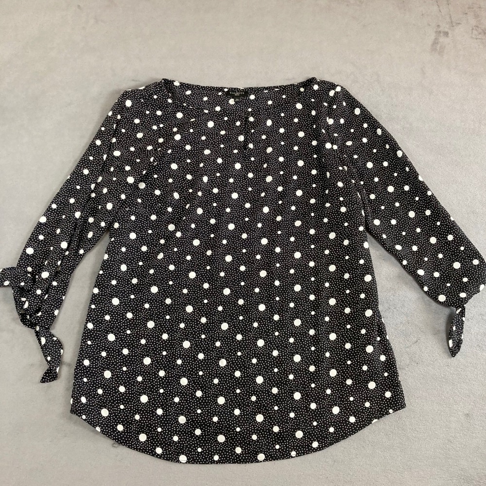 Talbots Petite Small Black White Polka Dot Tie Sleeve Blouse Top - Picture 1 of 7